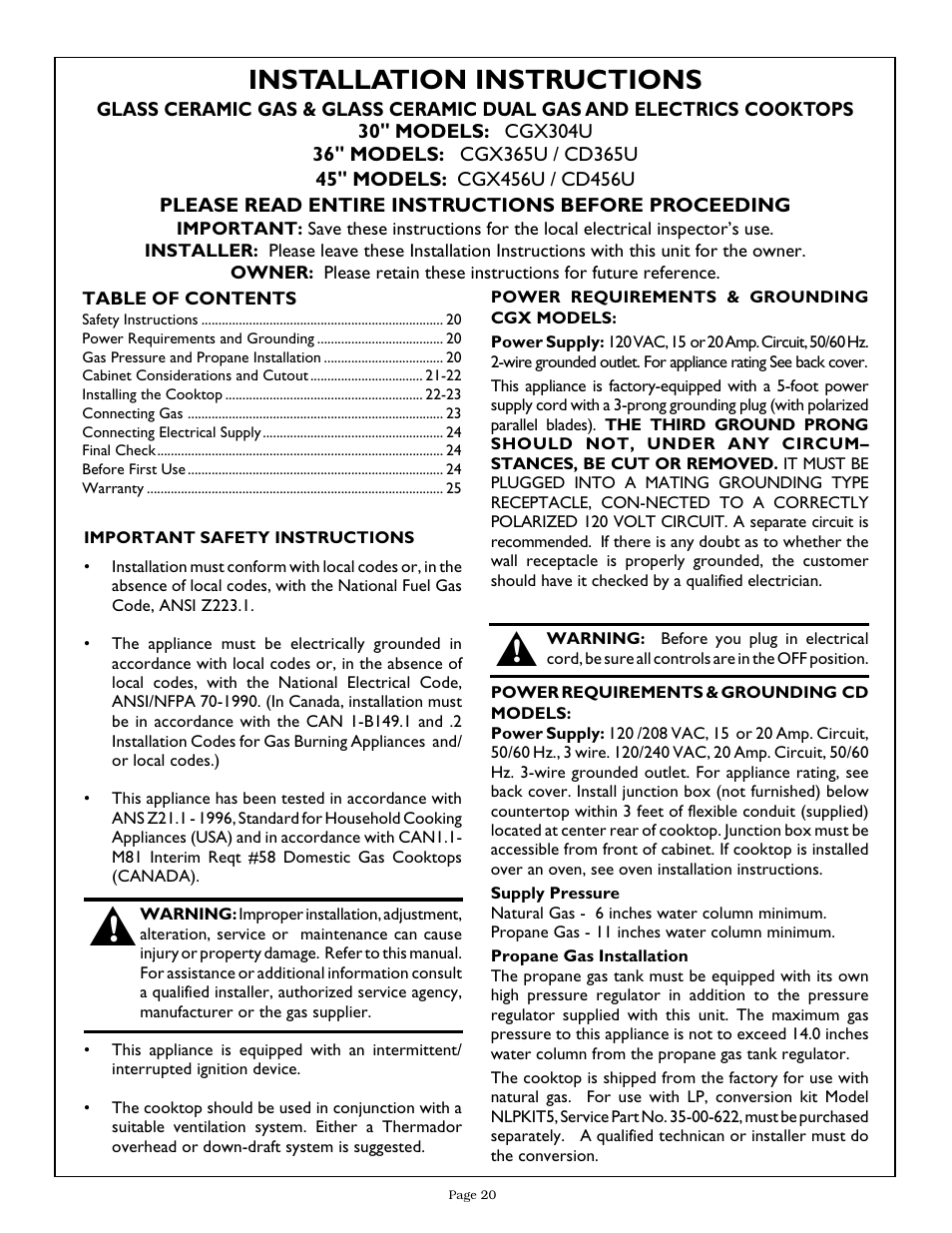 Installation instructions | Thermador CGX365 User Manual | Page 22 / 28