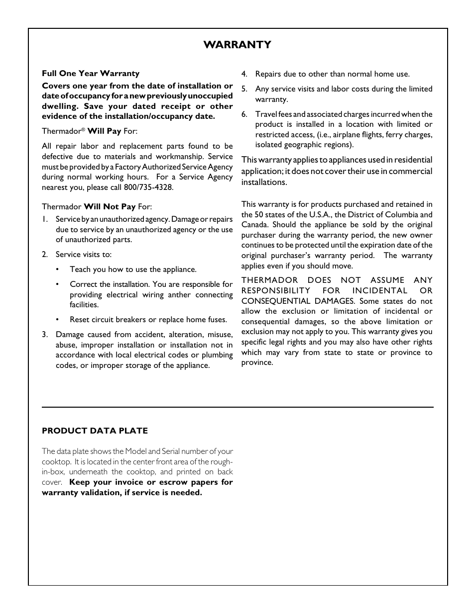 Warranty | Thermador CGX365 User Manual | Page 27 / 28