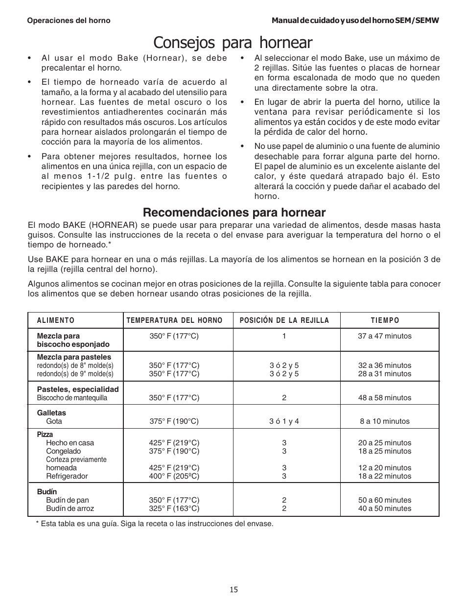 Consejos para hornear, Recomendaciones para hornear | Thermador SEMW272 User Manual | Page 101 / 128