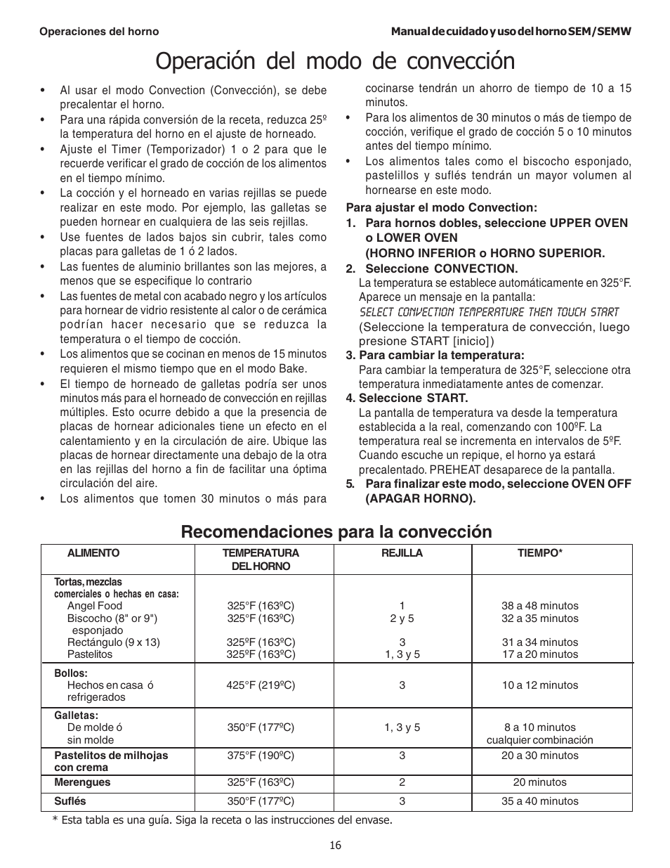 Operación del modo de convección, Recomendaciones para la convección | Thermador SEMW272 User Manual | Page 102 / 128