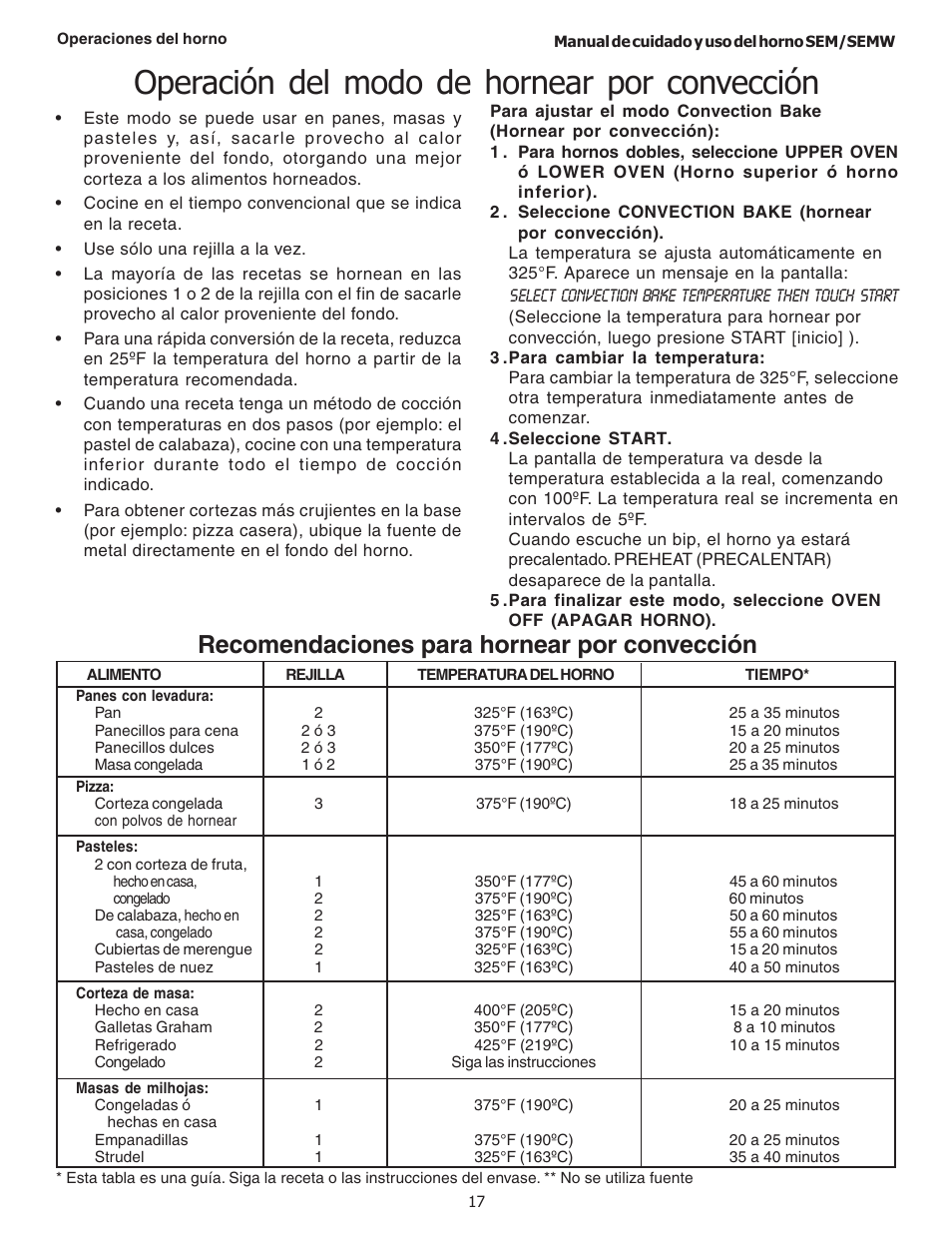 Operación del modo de hornear por convección, Recomendaciones para hornear por convección | Thermador SEMW272 User Manual | Page 103 / 128