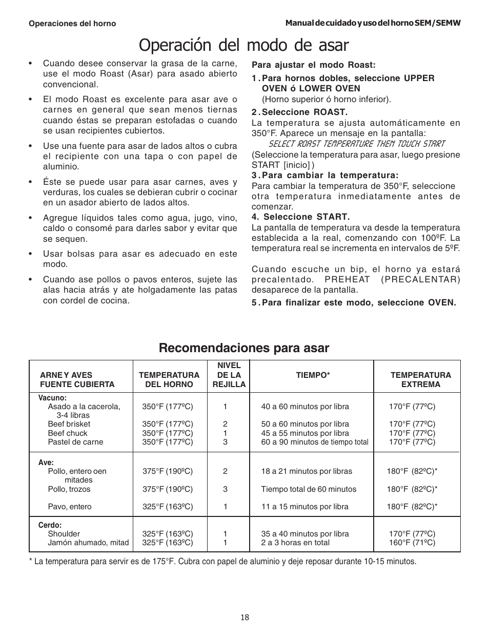 Operación del modo de asar, Recomendaciones para asar | Thermador SEMW272 User Manual | Page 104 / 128
