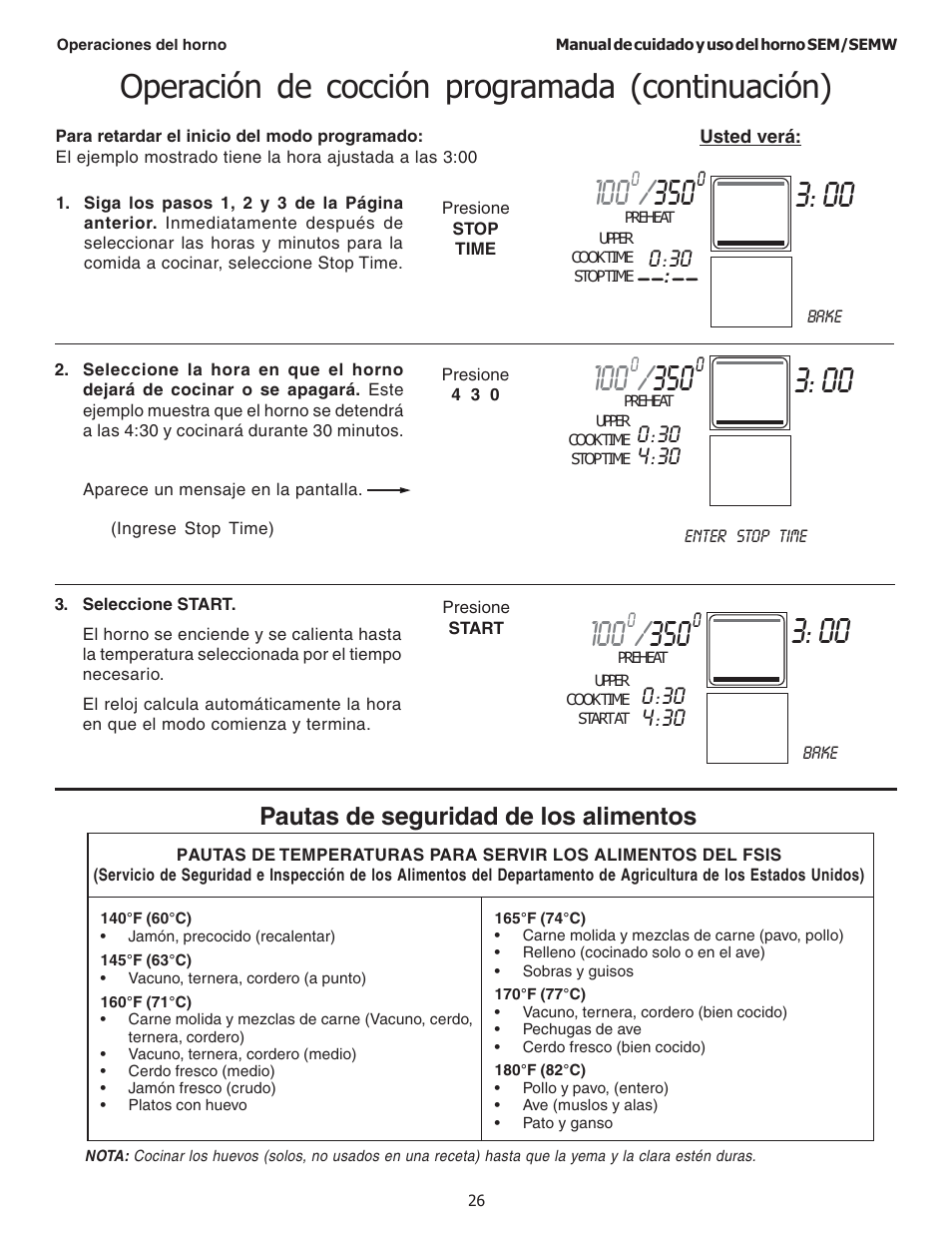 Operación de cocción programada (continuación), Pautas de seguridad de los alimentos | Thermador SEMW272 User Manual | Page 112 / 128