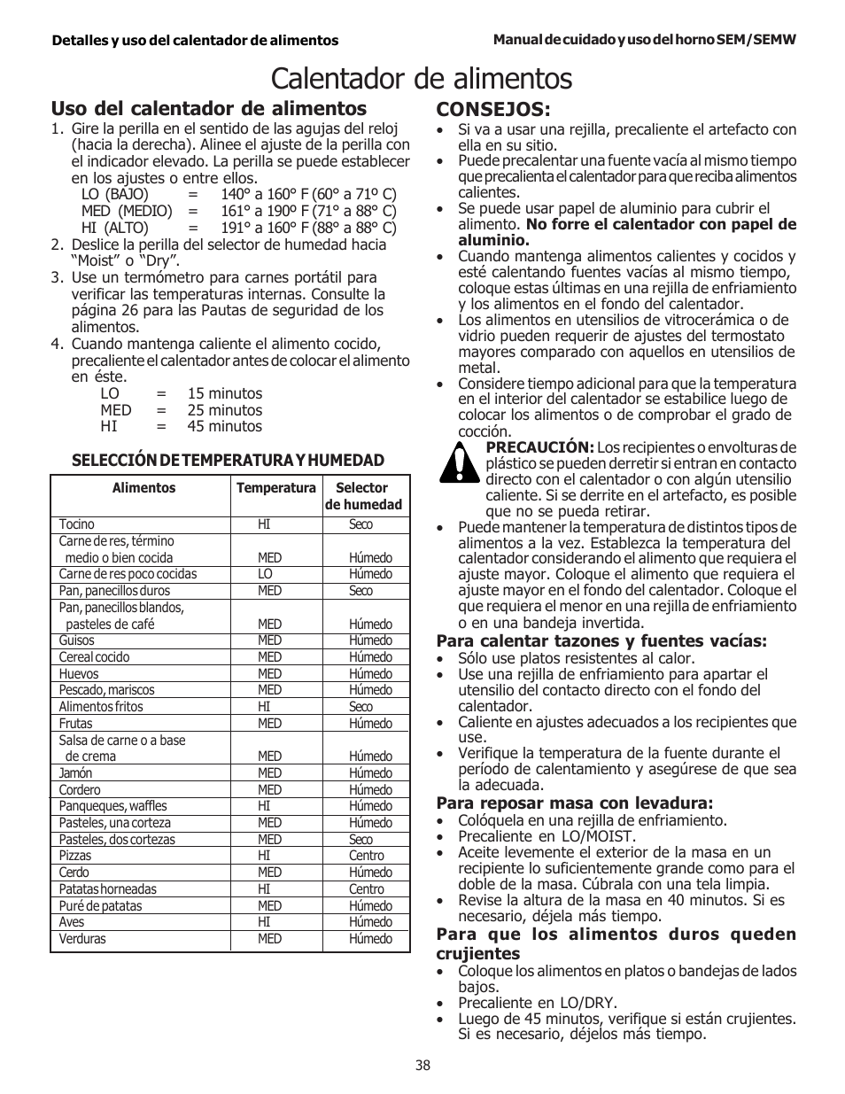 Calentador de alimentos, Consejos, Uso del calentador de alimentos | Thermador SEMW272 User Manual | Page 124 / 128