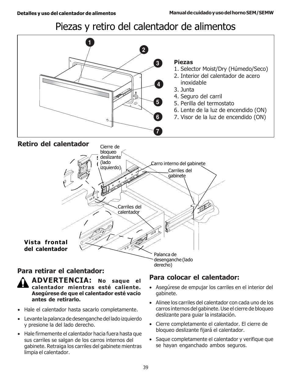 Piezas y retiro del calentador de alimentos, Advertencia | Thermador SEMW272 User Manual | Page 125 / 128