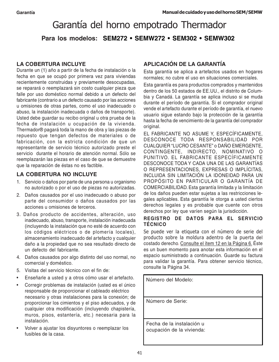 Garantía del horno empotrado thermador | Thermador SEMW272 User Manual | Page 127 / 128
