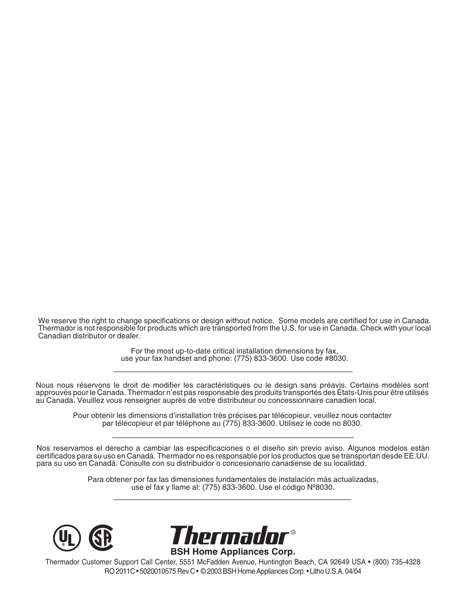 Thermador SEMW272 User Manual | Page 128 / 128