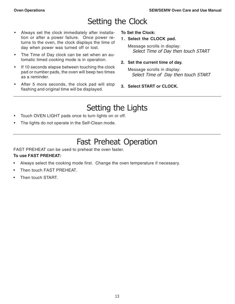 Setting the clock, Setting the lights, Fast preheat operation | Thermador SEMW272 User Manual | Page 15 / 128