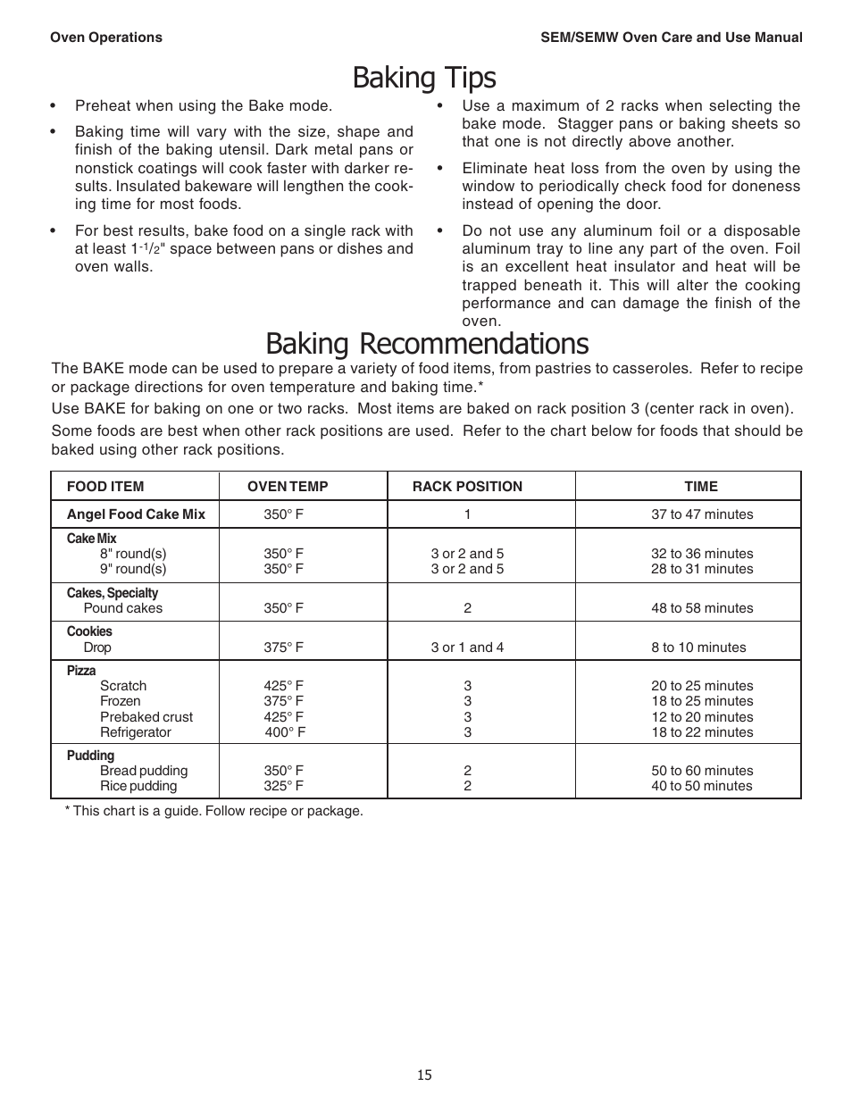 Baking recommendations, Baking tips | Thermador SEMW272 User Manual | Page 17 / 128