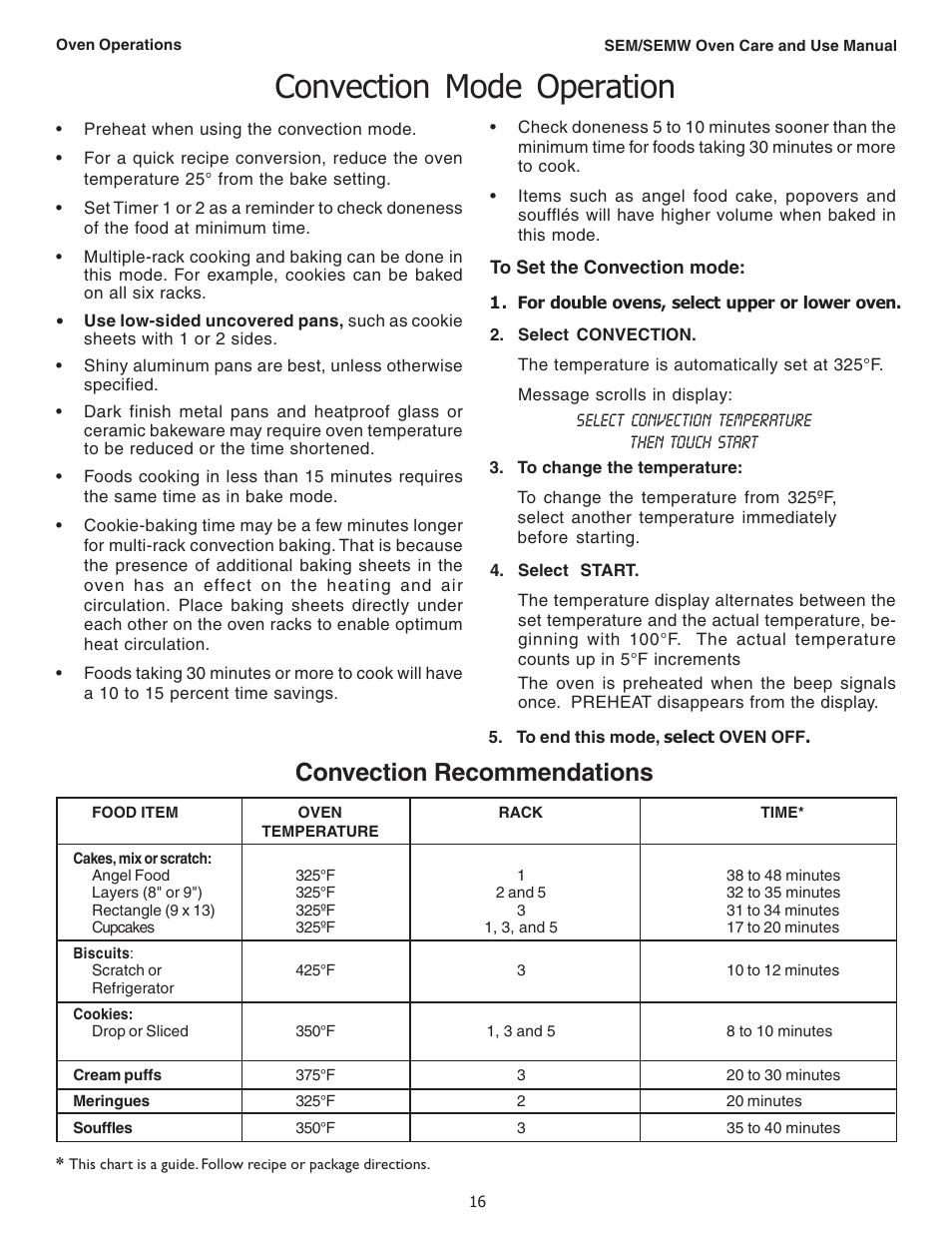 Convection mode operation, Convection recommendations | Thermador SEMW272 User Manual | Page 18 / 128