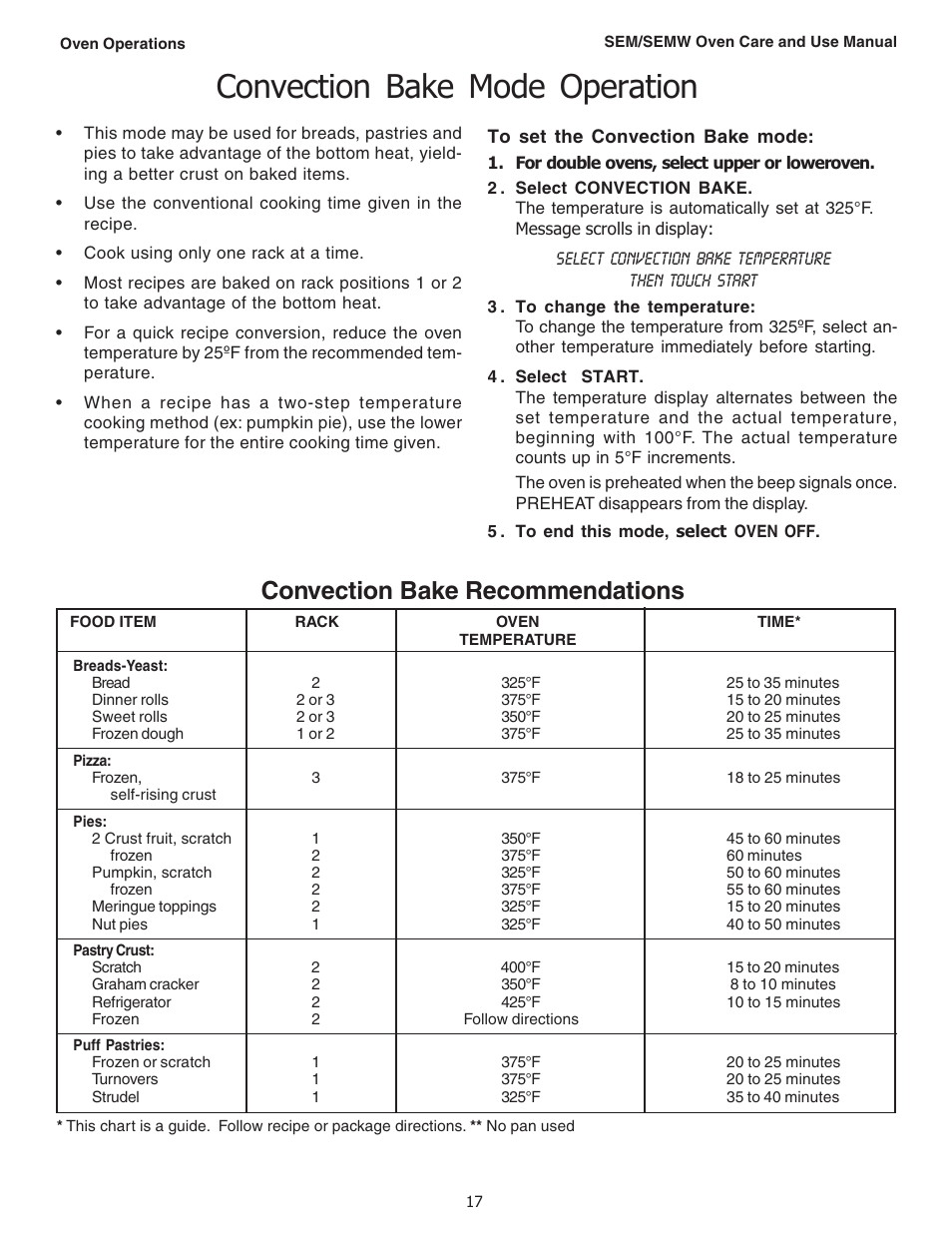 Convection bake mode operation, Convection bake recommendations | Thermador SEMW272 User Manual | Page 19 / 128