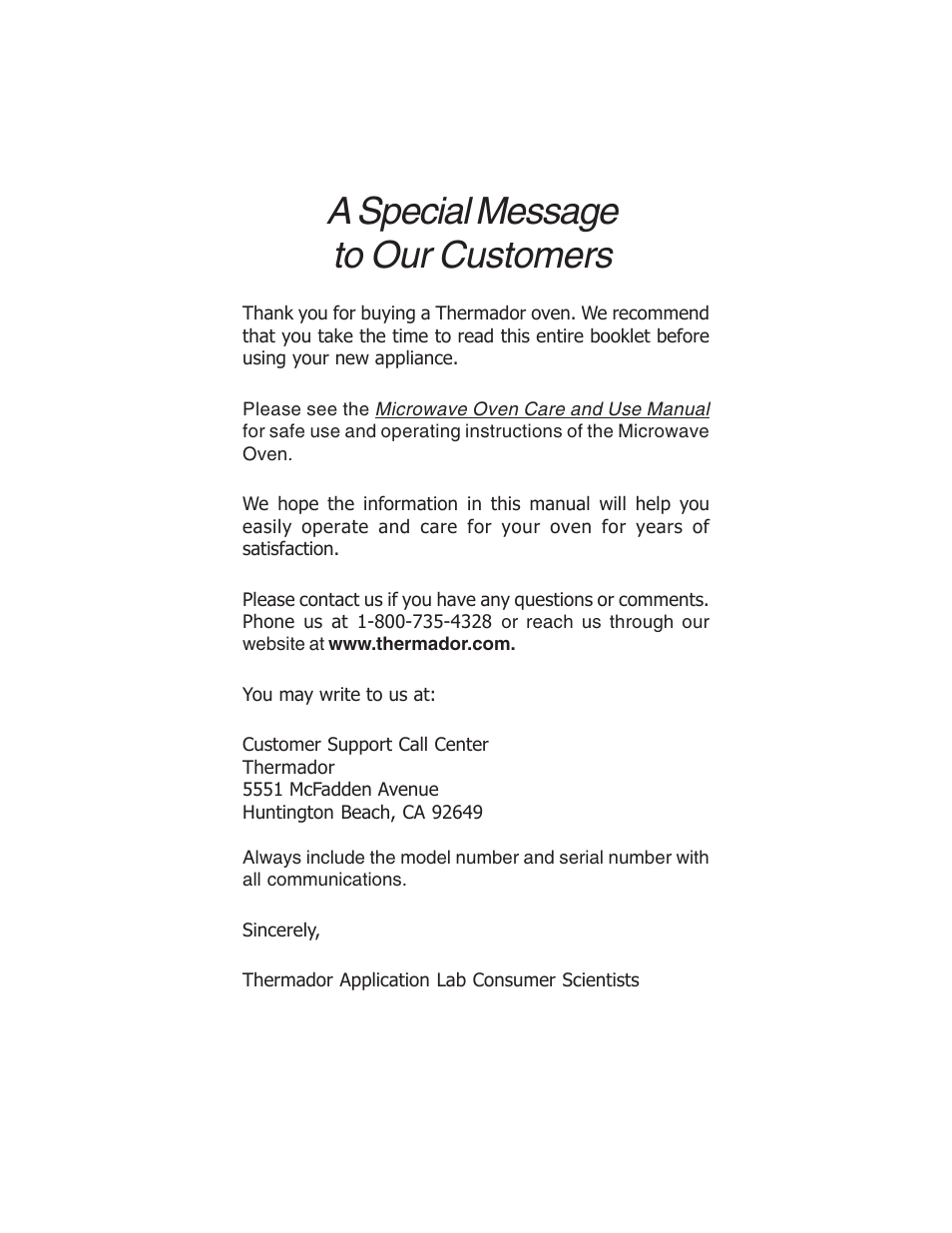 A special message to our customers | Thermador SEMW272 User Manual | Page 2 / 128