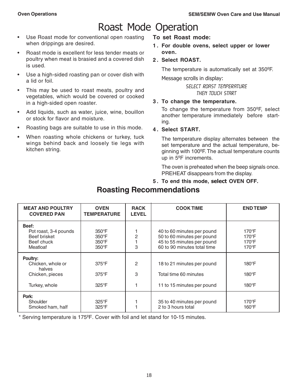 Roast mode operation, Roasting recommendations | Thermador SEMW272 User Manual | Page 20 / 128