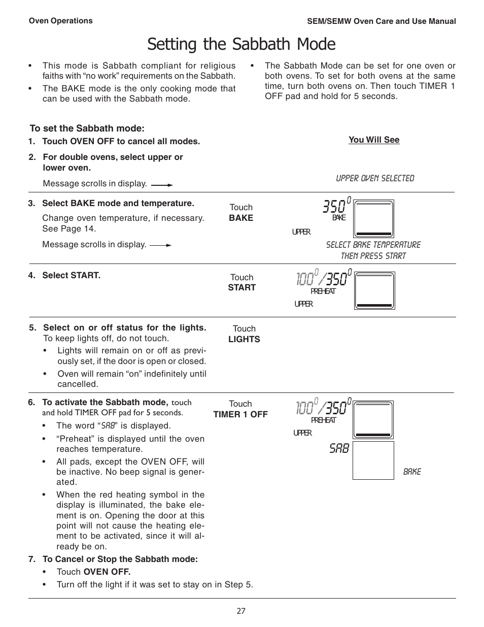 Setting the sabbath mode | Thermador SEMW272 User Manual | Page 29 / 128
