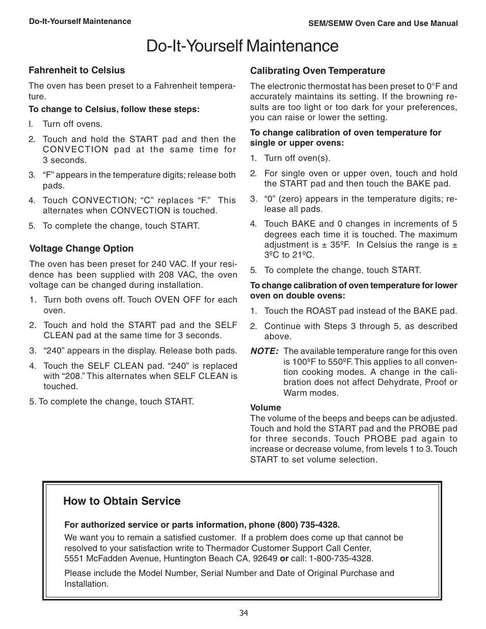 Do-it-yourself maintenance, How to obtain service | Thermador SEMW272 User Manual | Page 36 / 128