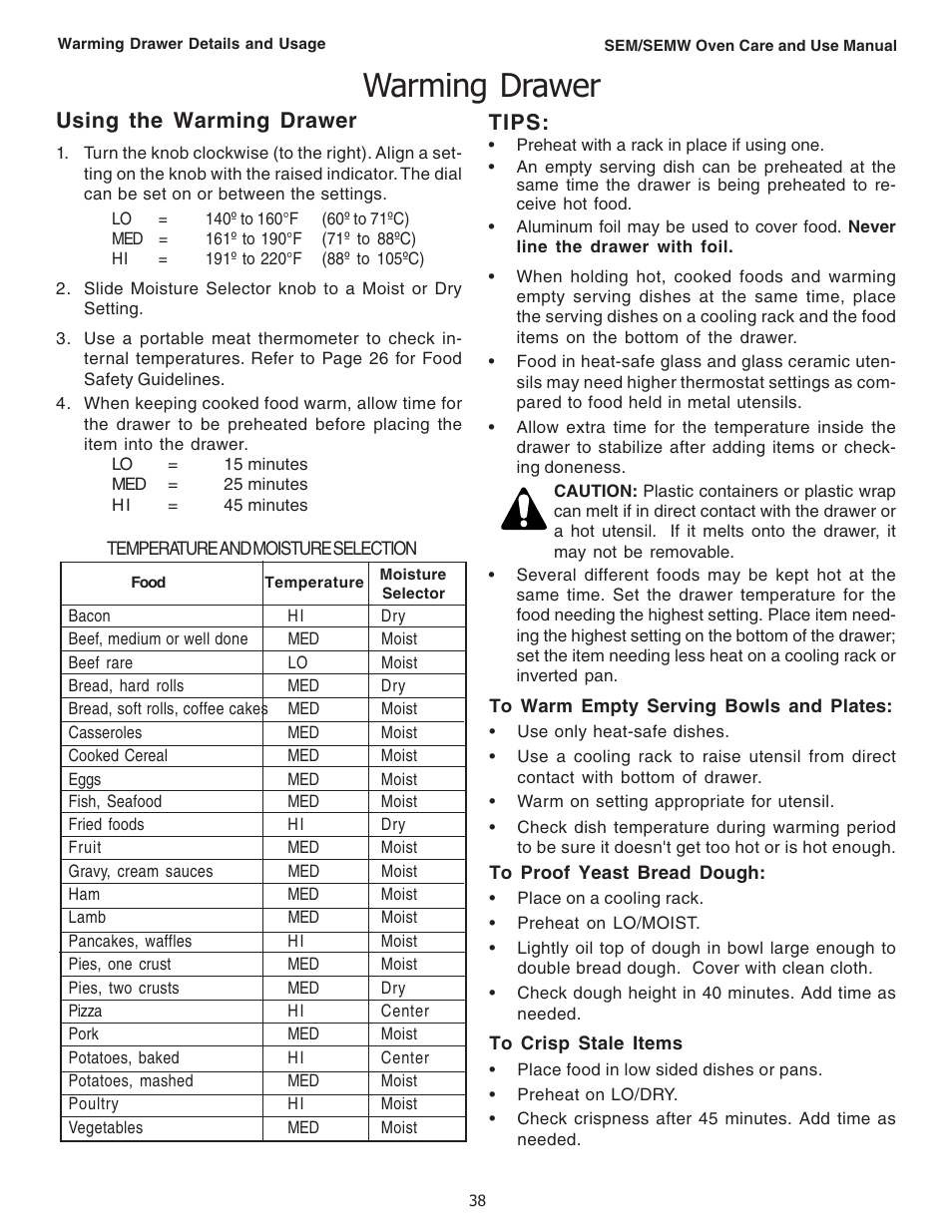 Warming drawer, Tips, Using the warming drawer | Thermador SEMW272 User Manual | Page 40 / 128