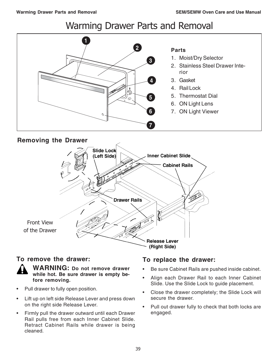 Warming drawer parts and removal, Warning | Thermador SEMW272 User Manual | Page 41 / 128