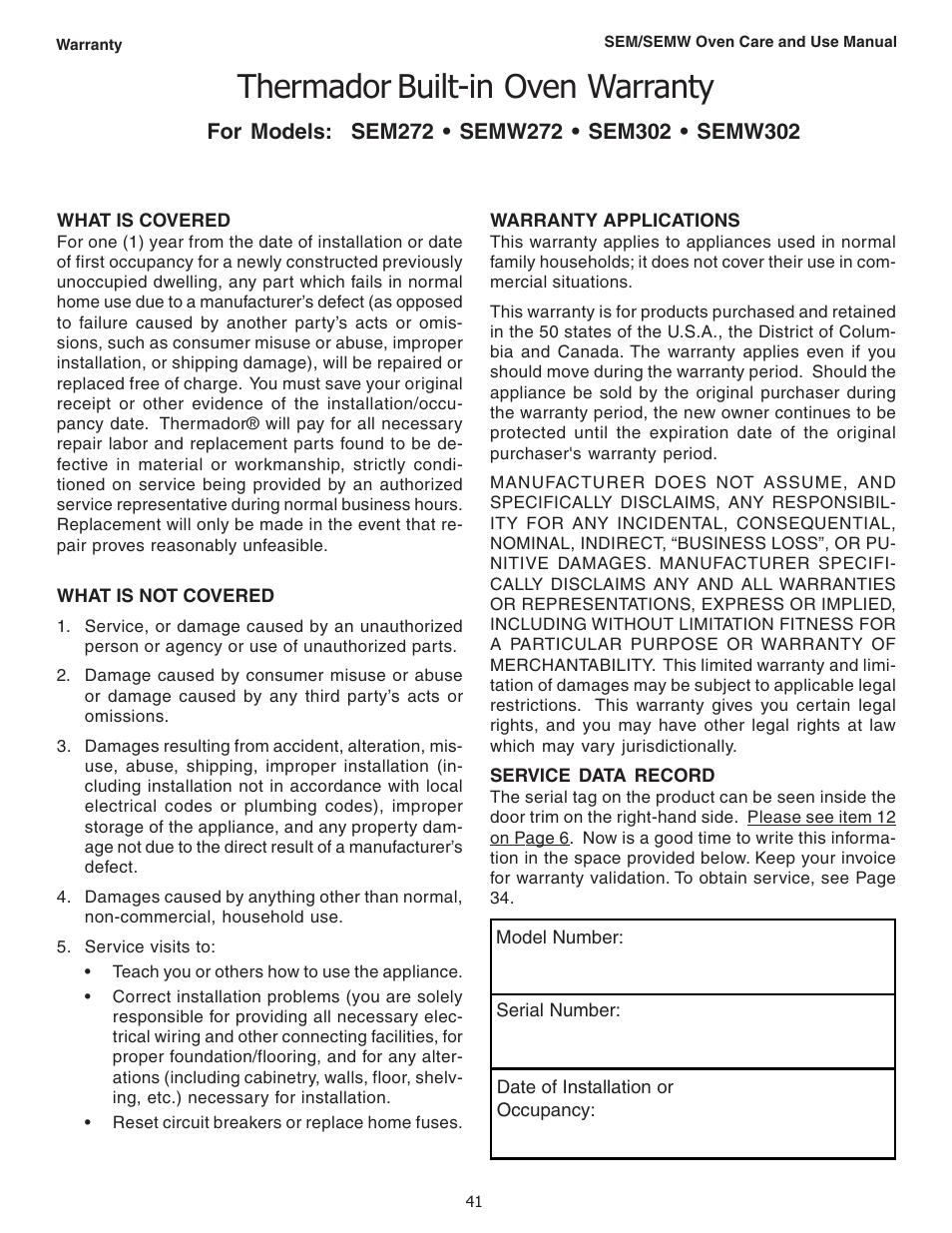 Thermador, Built-in oven warranty | Thermador SEMW272 User Manual | Page 43 / 128