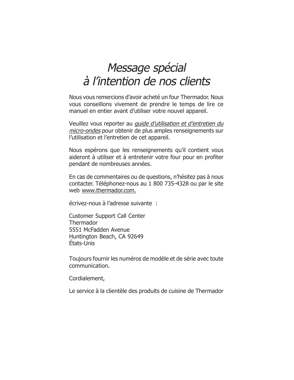 Message spécial à l’intention de nos clients | Thermador SEMW272 User Manual | Page 44 / 128