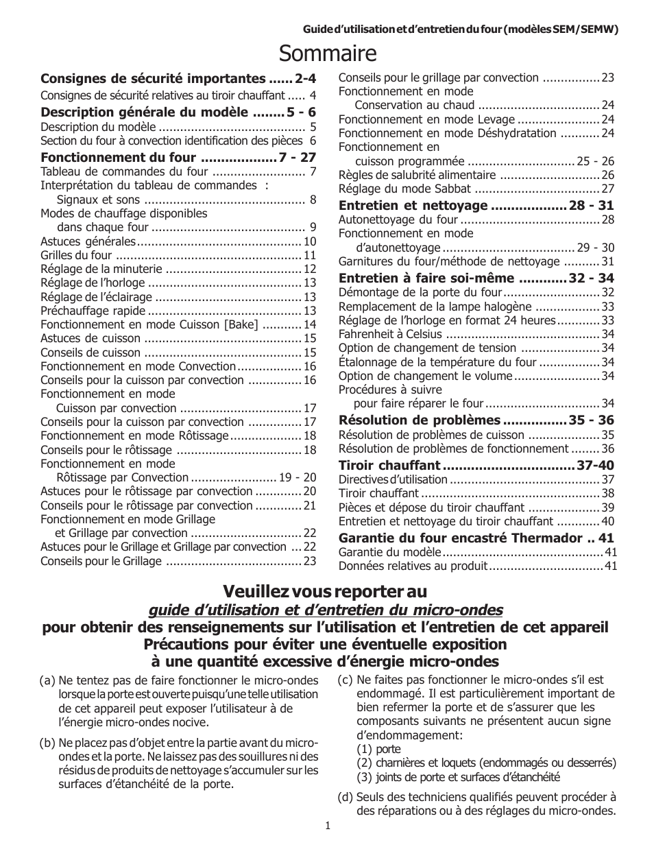 Sommaire, Veuillez vous reporter au, Guide d’utilisation et d’entretien du micro-ondes | Thermador SEMW272 User Manual | Page 45 / 128
