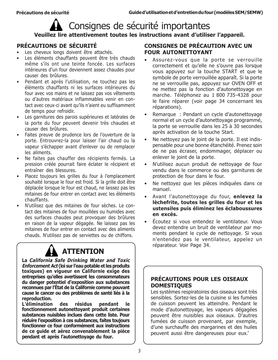 Consignes de sécurité importantes, Attention | Thermador SEMW272 User Manual | Page 47 / 128