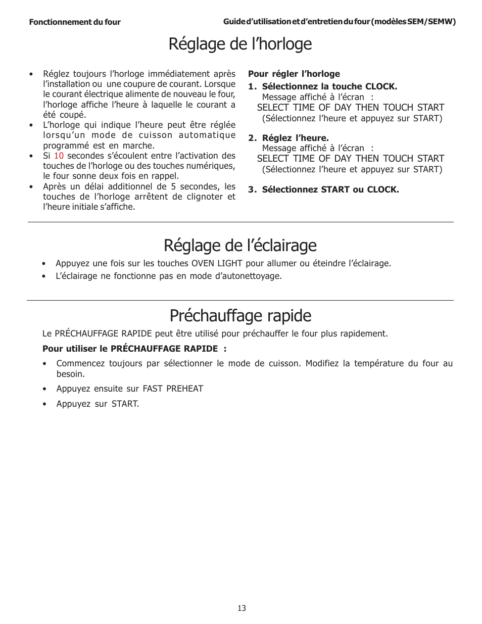 Réglage de l’horloge, Réglage de l’éclairage, Préchauffage rapide | Thermador SEMW272 User Manual | Page 57 / 128