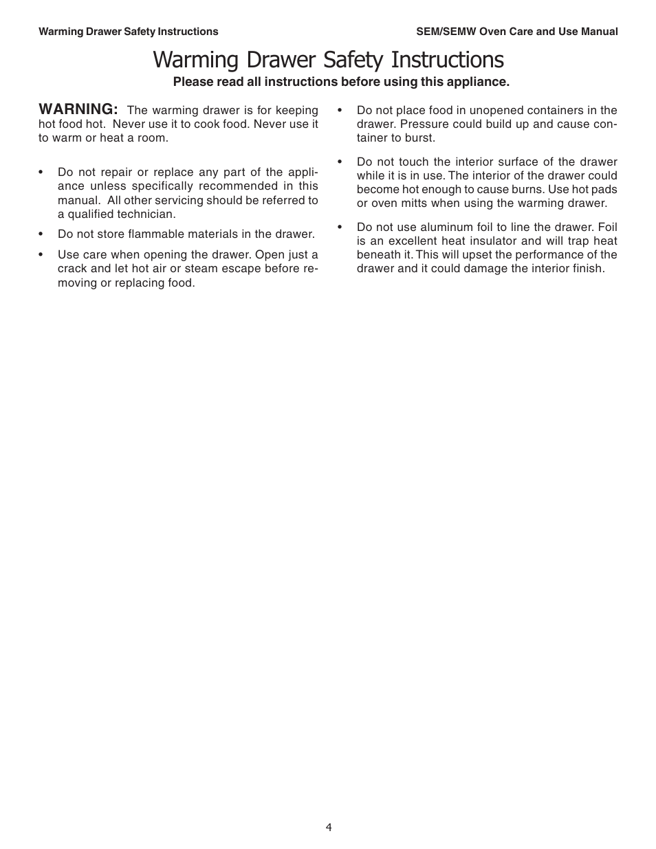 Warming drawer safety instructions | Thermador SEMW272 User Manual | Page 6 / 128