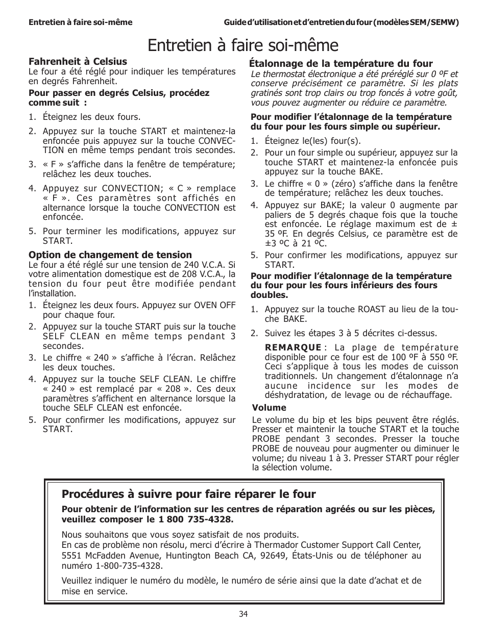 Entretien à faire soi-même, Procédures à suivre pour faire réparer le four | Thermador SEMW272 User Manual | Page 78 / 128