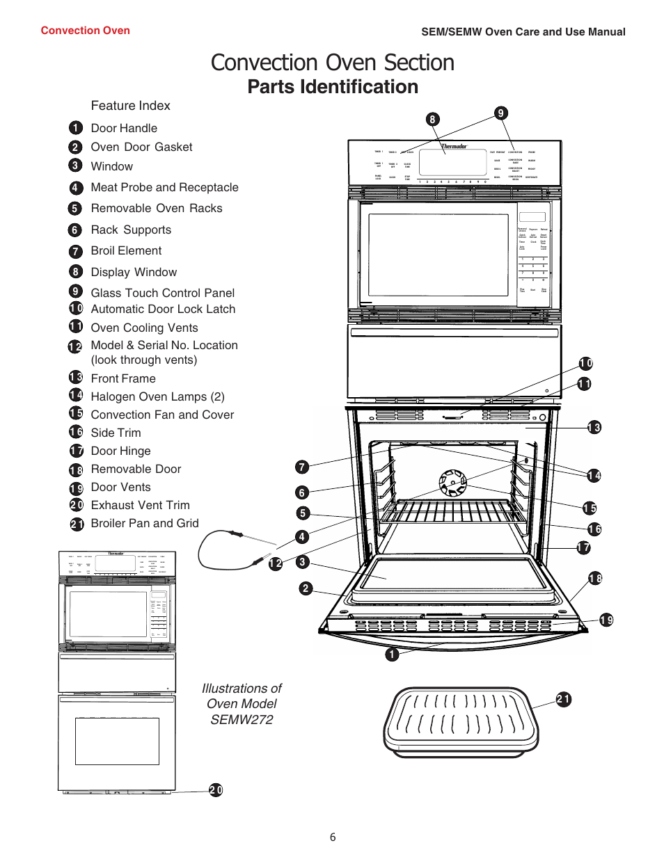 Parts identification, Illustrations of oven model semw272, Feature index | 6sem/semw oven care and use manual, Convection oven, Plus time start stop clear | Thermador SEMW272 User Manual | Page 8 / 128