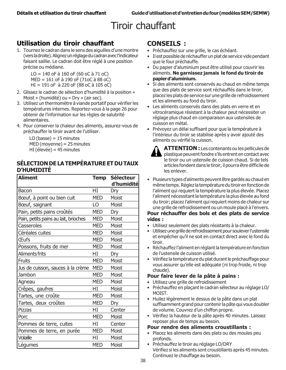 Tiroir chauffant, Utilisation du tiroir chauffant, Conseils | Thermador SEMW272 User Manual | Page 82 / 128