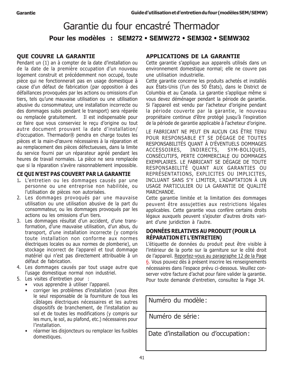 Garantie du four encastré thermador | Thermador SEMW272 User Manual | Page 85 / 128