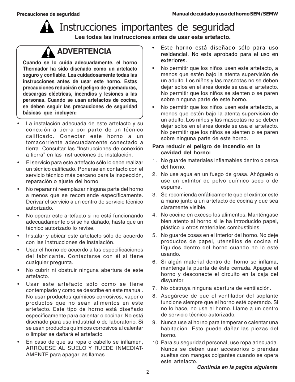 Instrucciones importantes de seguridad, Advertencia | Thermador SEMW272 User Manual | Page 88 / 128