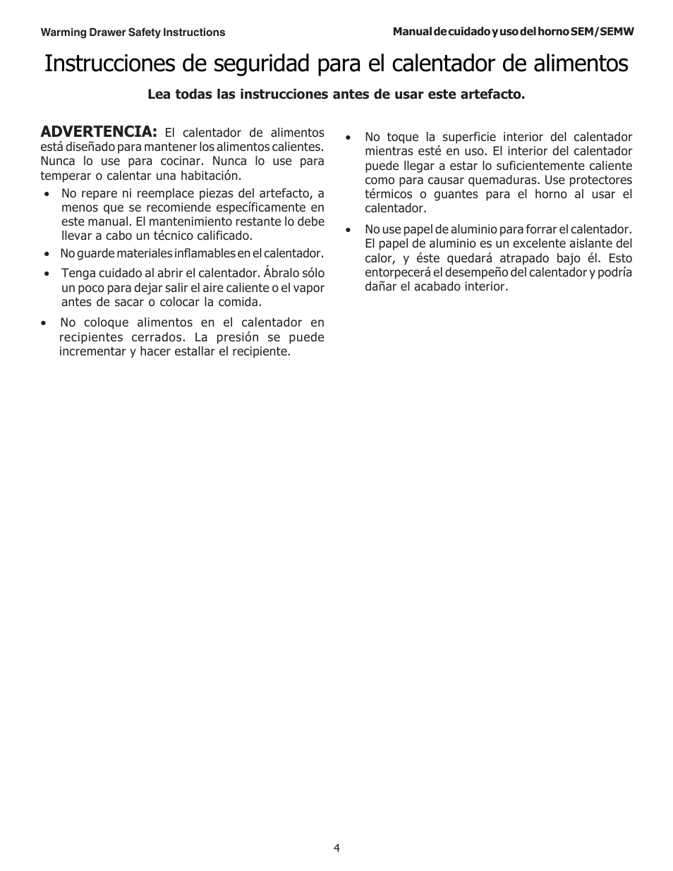 Advertencia | Thermador SEMW272 User Manual | Page 90 / 128