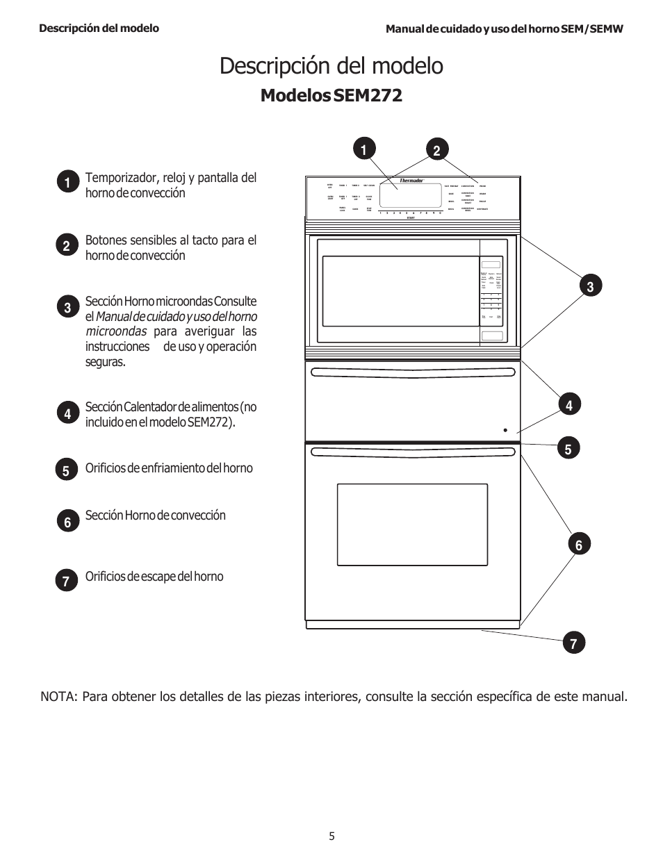 Modelos sem272, Manual de cuidado y uso del horno microondas, Manual de cuidado y uso del horno sem/semw 5 | Descripción del modelo | Thermador SEMW272 User Manual | Page 91 / 128