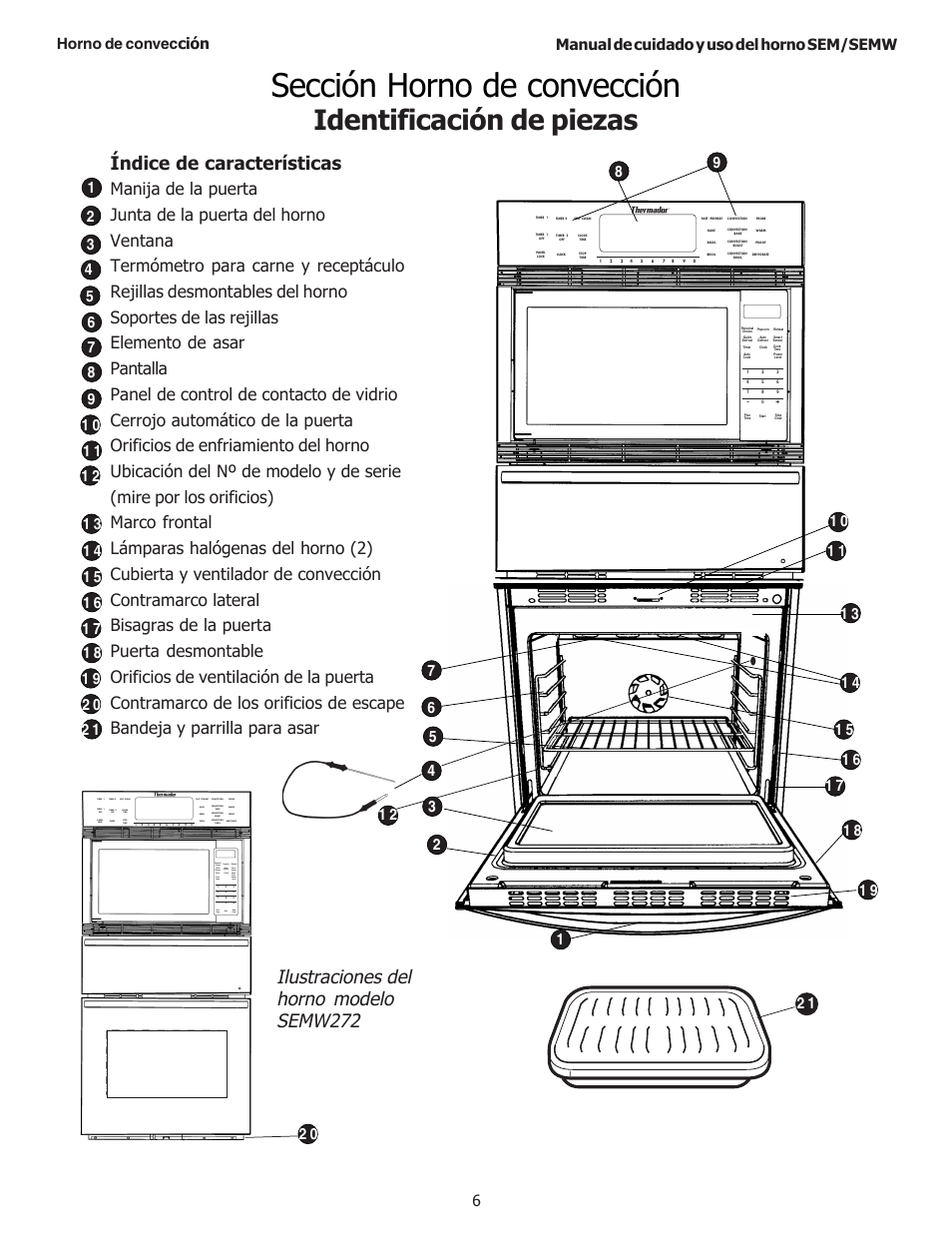 Sección horno de convección, Identificación de piezas, Ilustraciones del horno modelo semw272 | Índice de características, Manual de cuidado y uso del horno sem/semw 6, Horno de convección, Plus time start stop clear | Thermador SEMW272 User Manual | Page 92 / 128