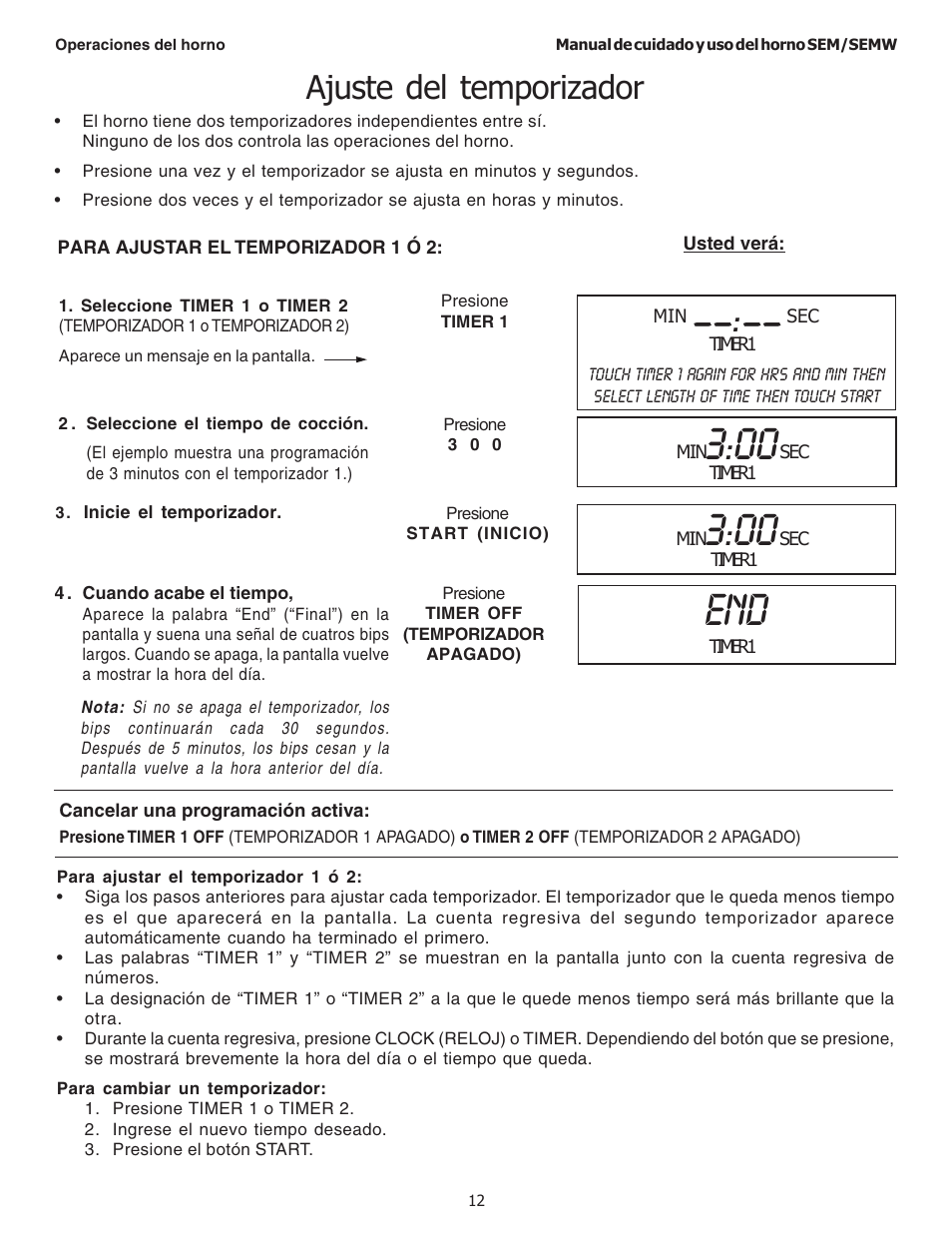 Ajuste del temporizador | Thermador SEMW272 User Manual | Page 98 / 128