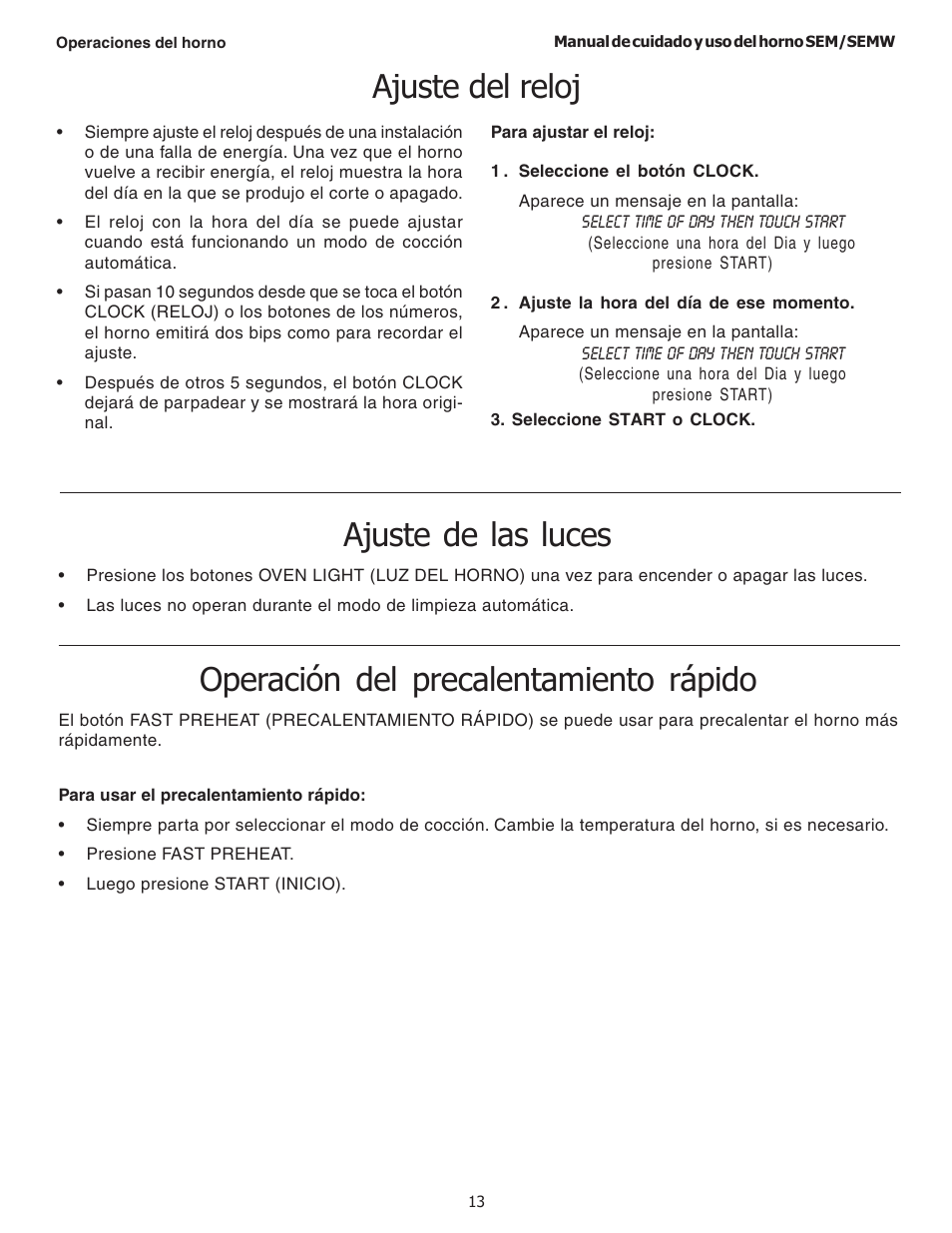 Ajuste del reloj, Ajuste de las luces, Operación del precalentamiento rápido | Thermador SEMW272 User Manual | Page 99 / 128