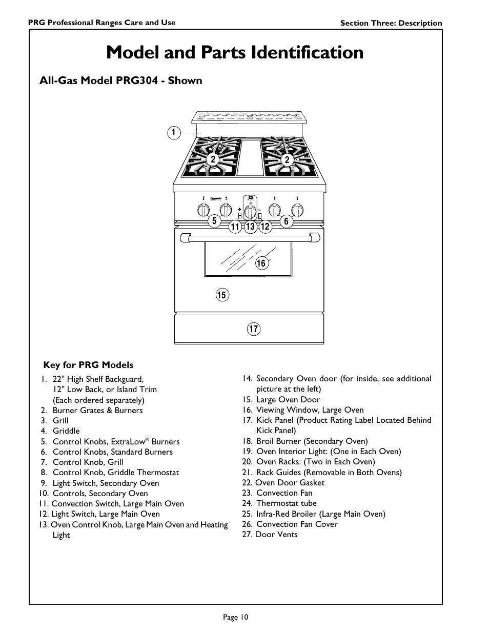 Model and parts identification, All-gas model prg304 - shown | Thermador PRG364GL User Manual | Page 12 / 40