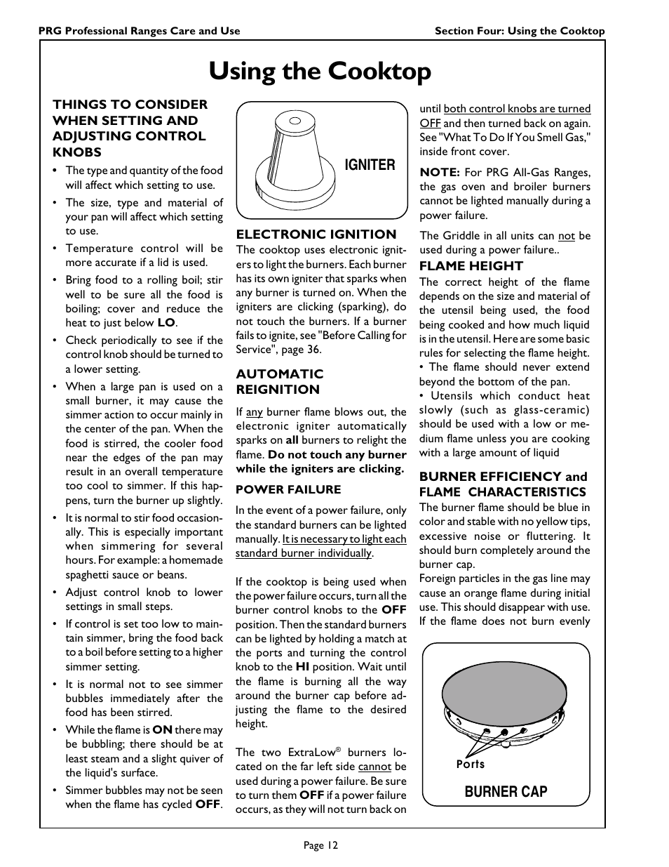 Using the cooktop, Igniter burner cap | Thermador PRG364GL User Manual | Page 14 / 40