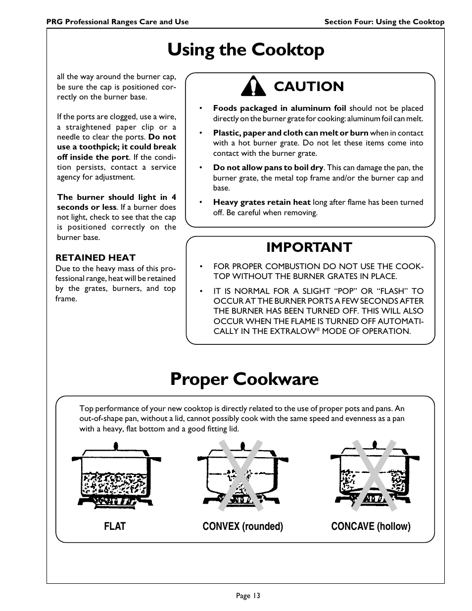 Proper cookware, Using the cooktop, Caution | Important | Thermador PRG364GL User Manual | Page 15 / 40