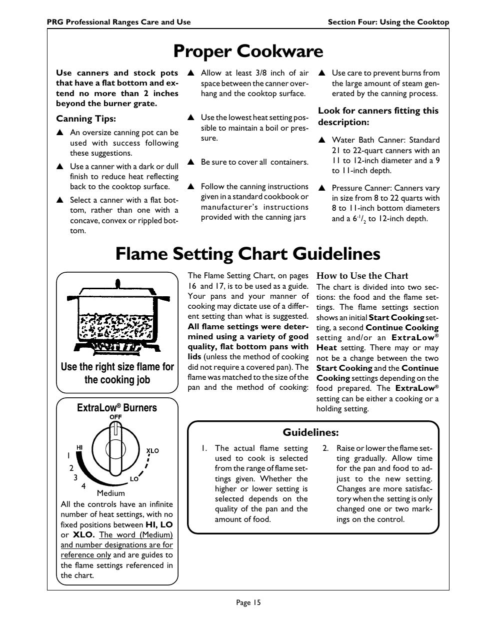 Flame setting chart guidelines, Proper cookware, Use the right size flame for the cooking job | Extralow, Burners, Guidelines | Thermador PRG364GL User Manual | Page 17 / 40