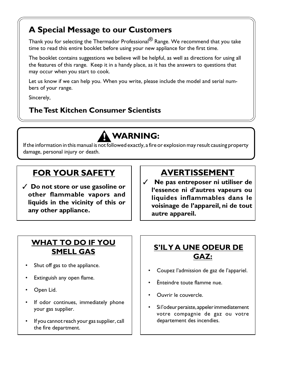 A special message to our customers, Warning, Avertissement | For your safety | Thermador PRG364GL User Manual | Page 2 / 40