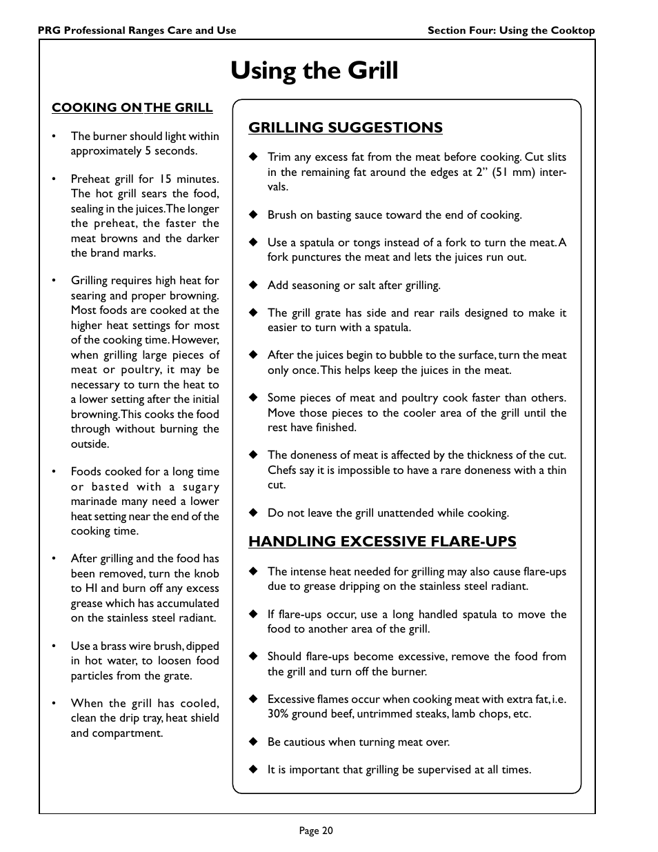 Using the grill, Grilling suggestions, Handling excessive flare-ups | Thermador PRG364GL User Manual | Page 22 / 40