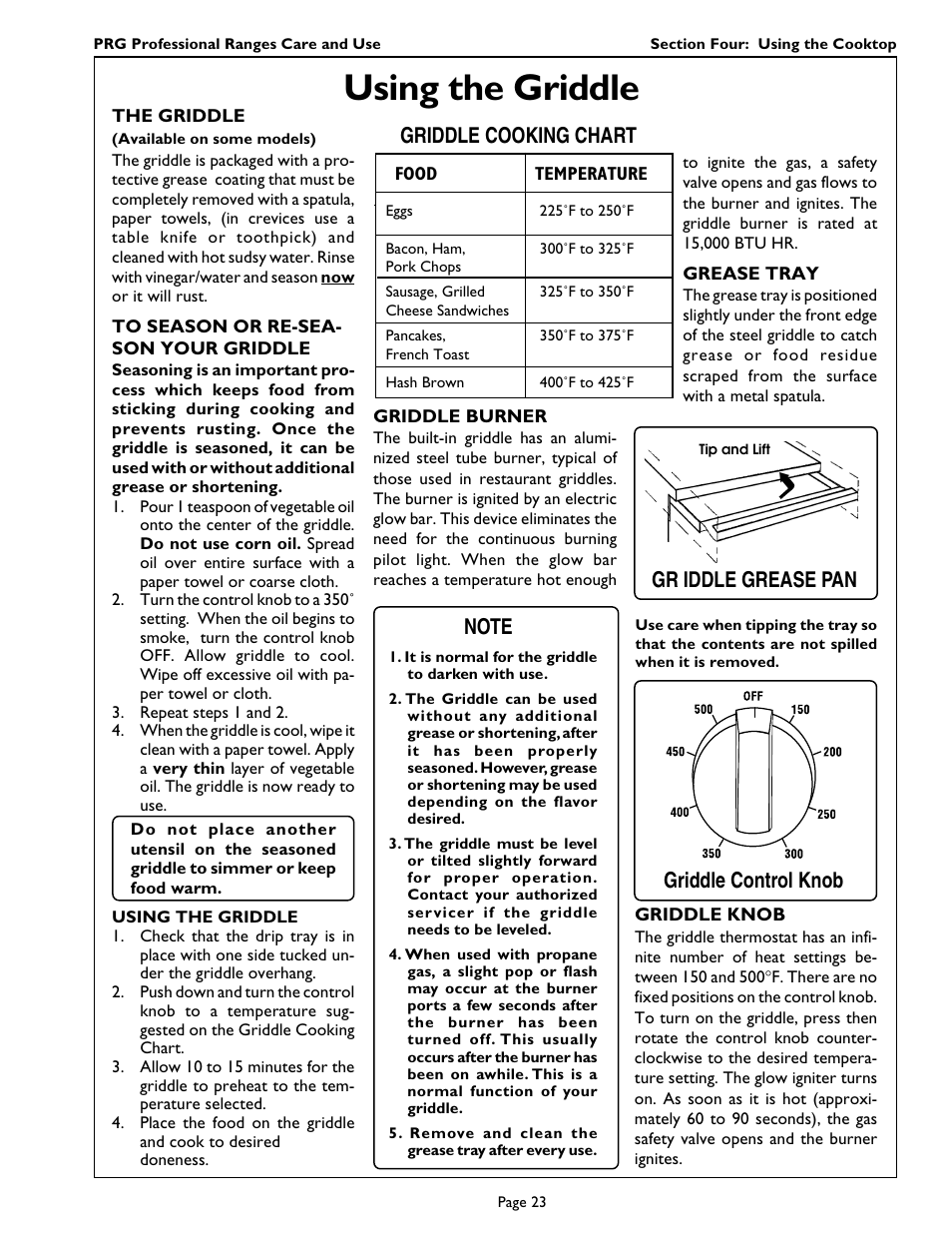 Using the griddle, Gr iddle grease pan, Griddle cooking chart | Thermador PRG364GL User Manual | Page 25 / 40