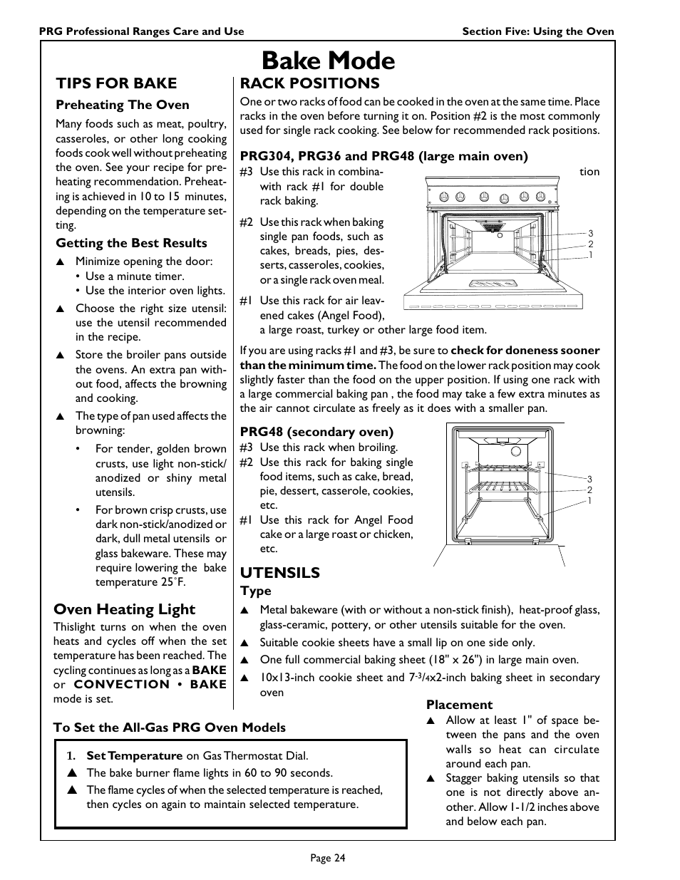 Bake mode, Tips for bake, Oven heating light | Utensils, Rack positions | Thermador PRG364GL User Manual | Page 26 / 40