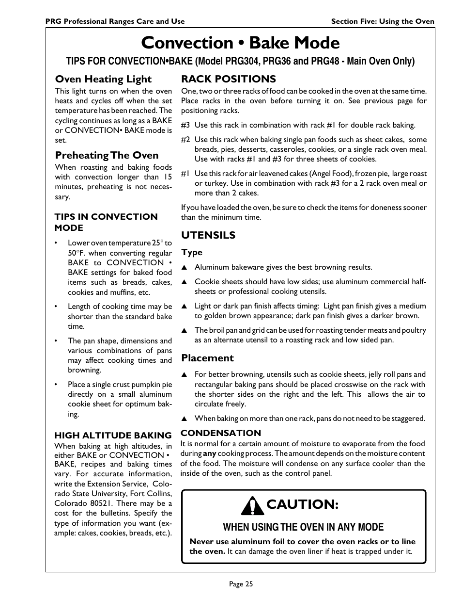 Convection • bake mode, Caution | Thermador PRG364GL User Manual | Page 27 / 40