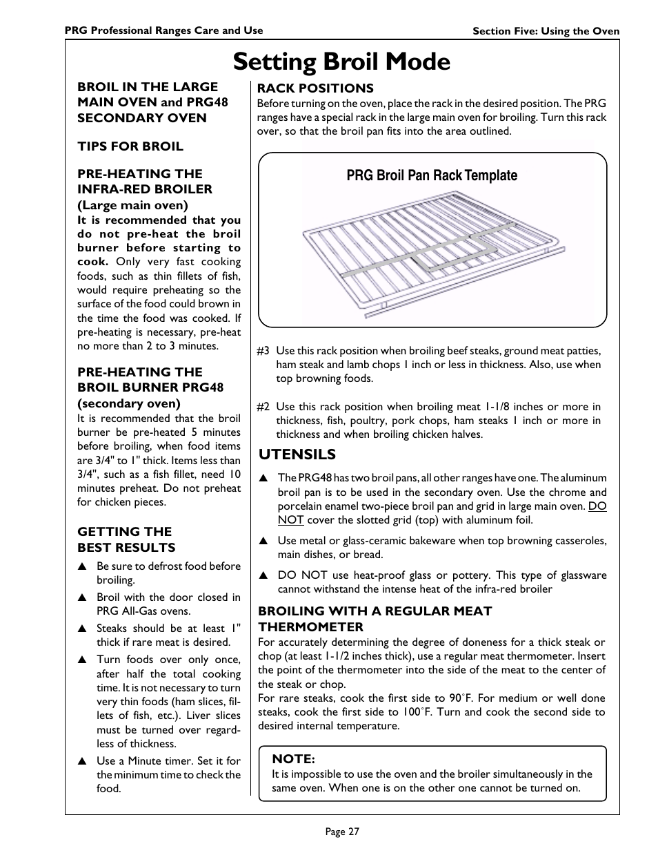 Setting broil mode, Utensils, Prg broil pan rack template | Thermador PRG364GL User Manual | Page 29 / 40