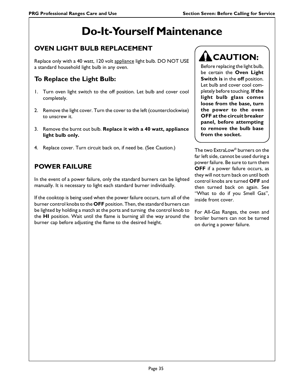 Do-it-yourself maintenance, Caution | Thermador PRG364GL User Manual | Page 37 / 40