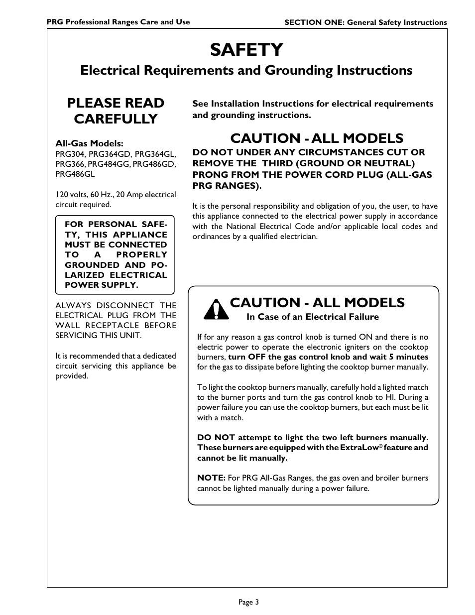 Safety, Caution - all models, Electrical requirements and grounding instructions | Please read carefully | Thermador PRG364GL User Manual | Page 5 / 40