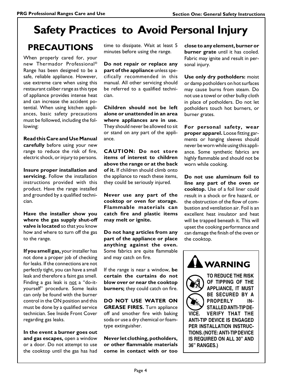 Safety practices to avoid personal injury, Precautions, Warning | Thermador PRG364GL User Manual | Page 6 / 40